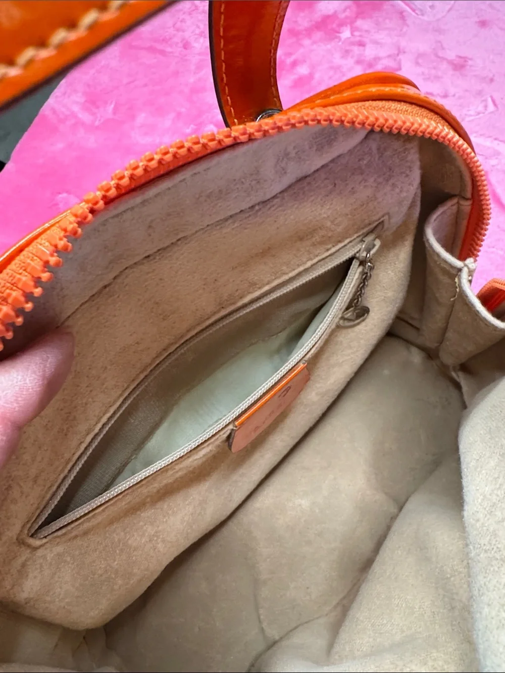 Gucci Coral Canvas & Orange Patent Leather TopZip Satchel/Crossbody Bamboo Pulls